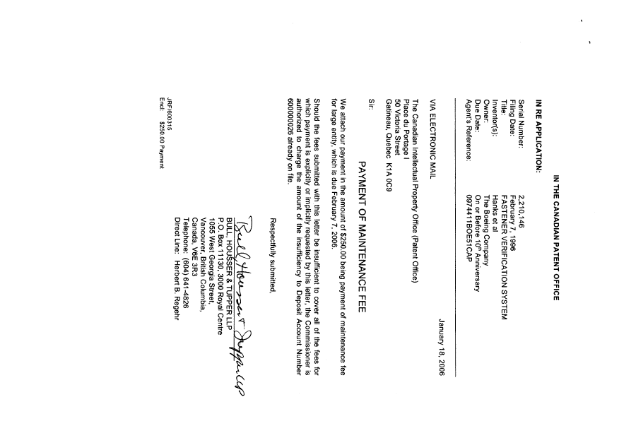 Canadian Patent Document 2210146. Fees 20060118. Image 2 of 2