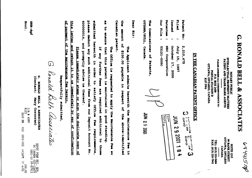 Document de brevet canadien 2210475. Taxes 20010629. Image 1 de 1