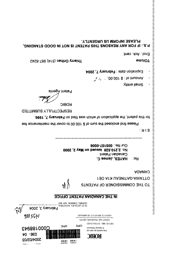 Canadian Patent Document 2210528. Fees 20040203. Image 1 of 1