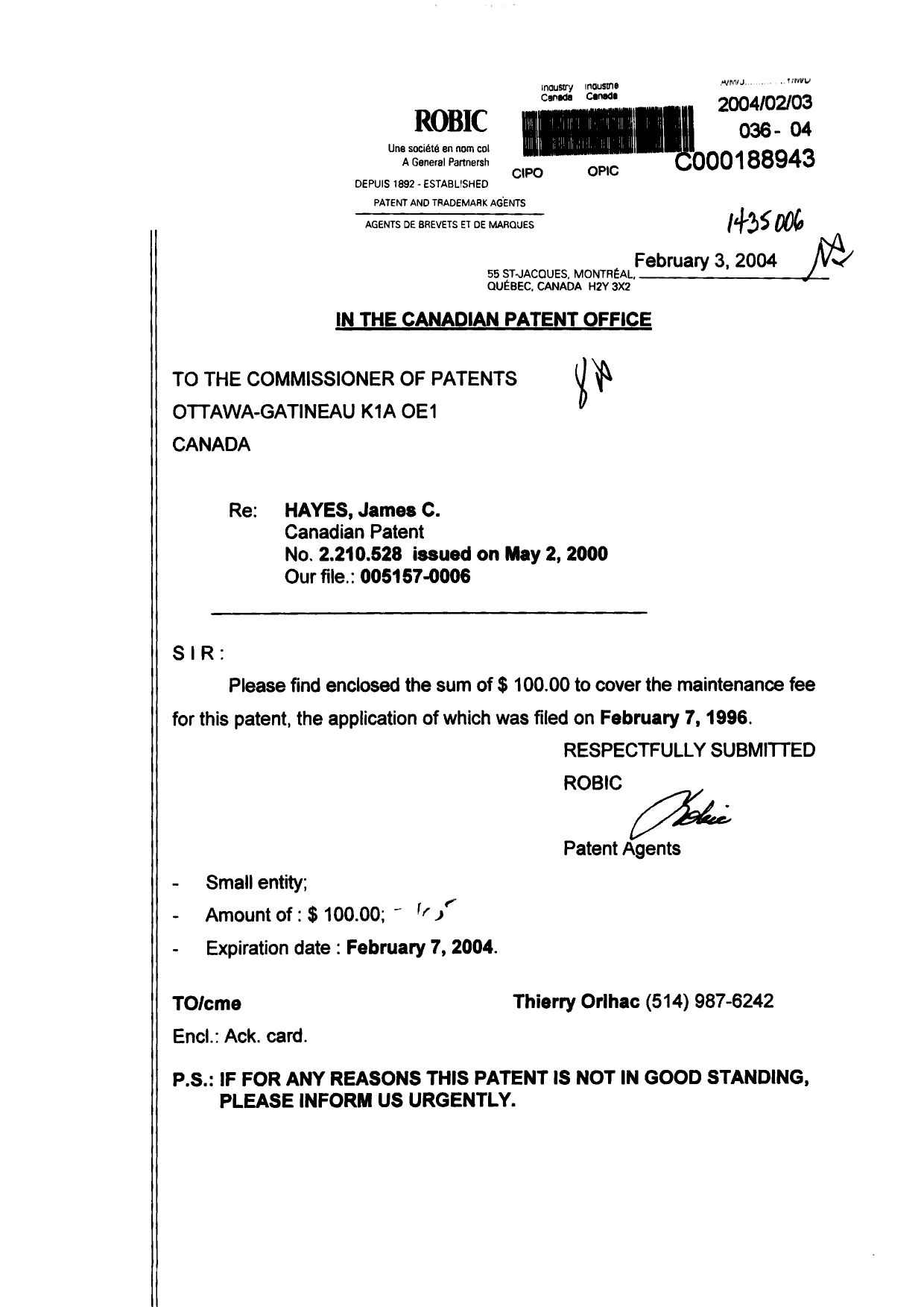 Document de brevet canadien 2210528. Taxes 20040203. Image 1 de 1