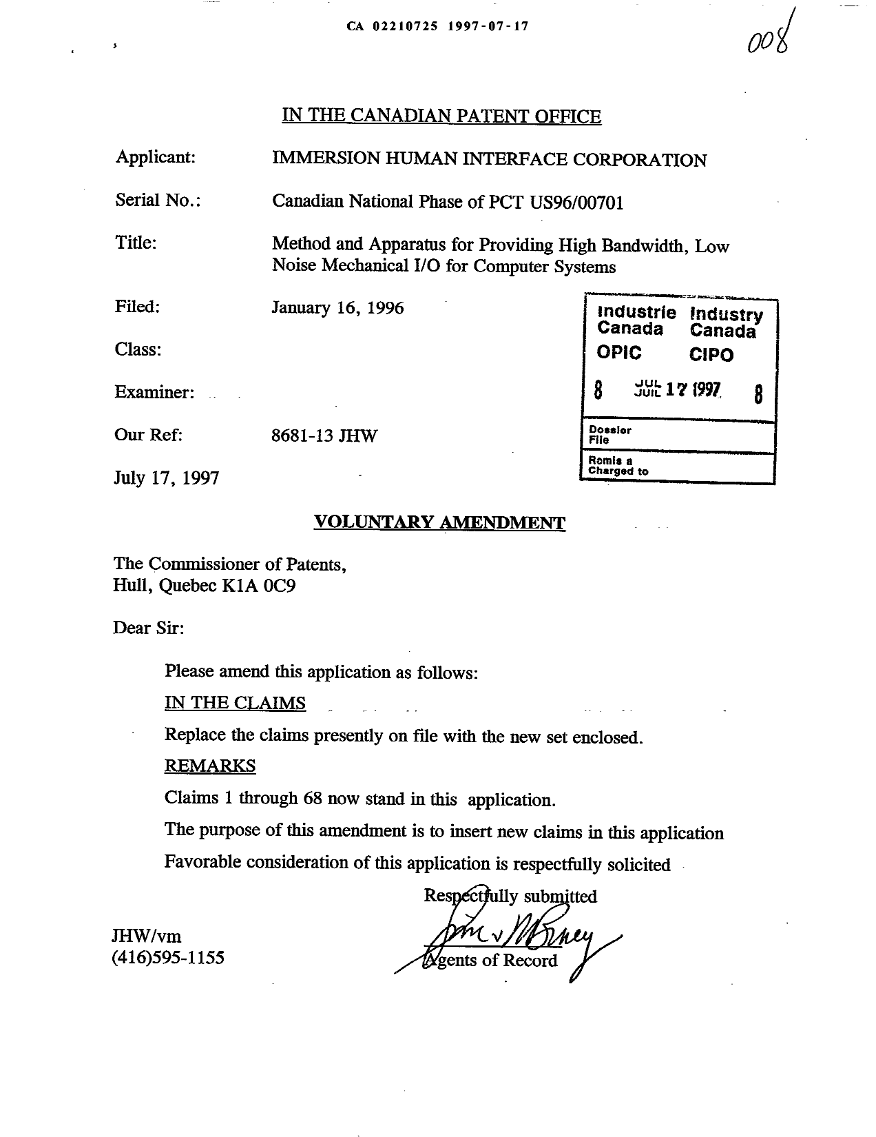 Document de brevet canadien 2210725. Poursuite-Amendment 19970717. Image 1 de 15