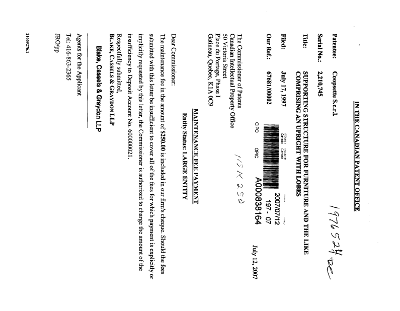 Canadian Patent Document 2210745. Fees 20070712. Image 1 of 1