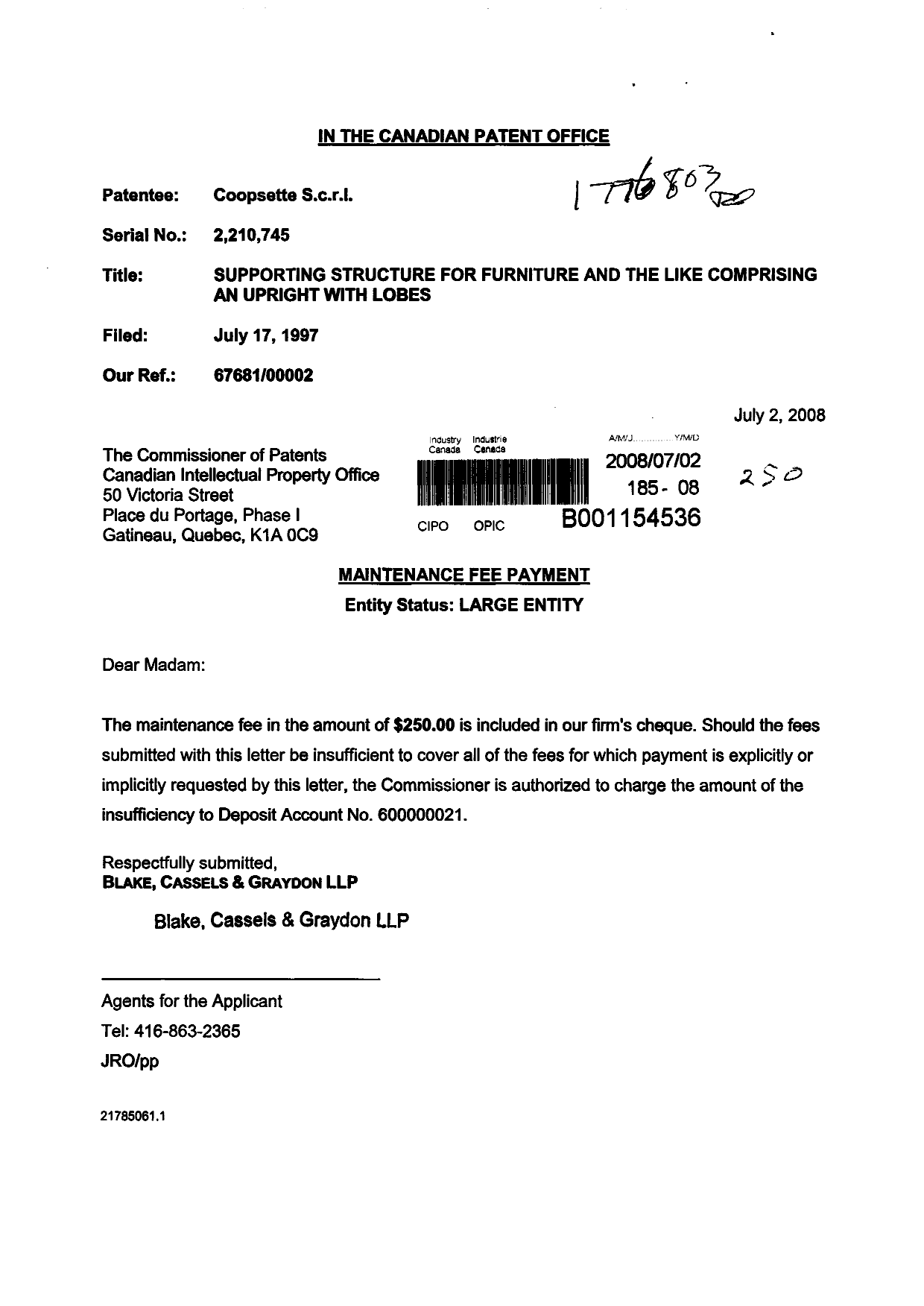 Document de brevet canadien 2210745. Taxes 20080702. Image 1 de 1