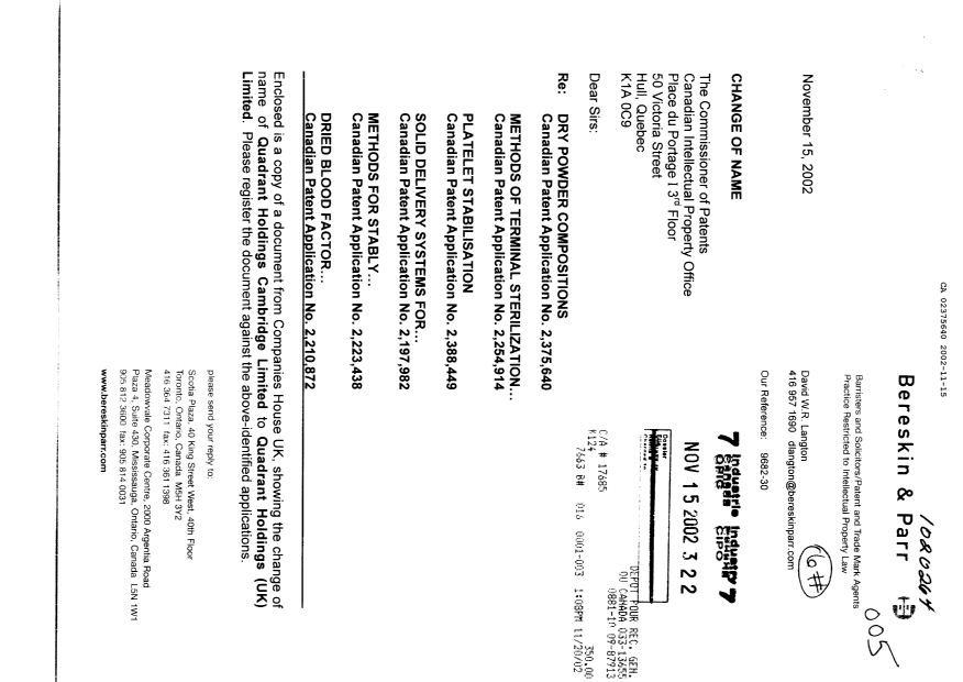 Document de brevet canadien 2210872. Cession 20021115. Image 1 de 3