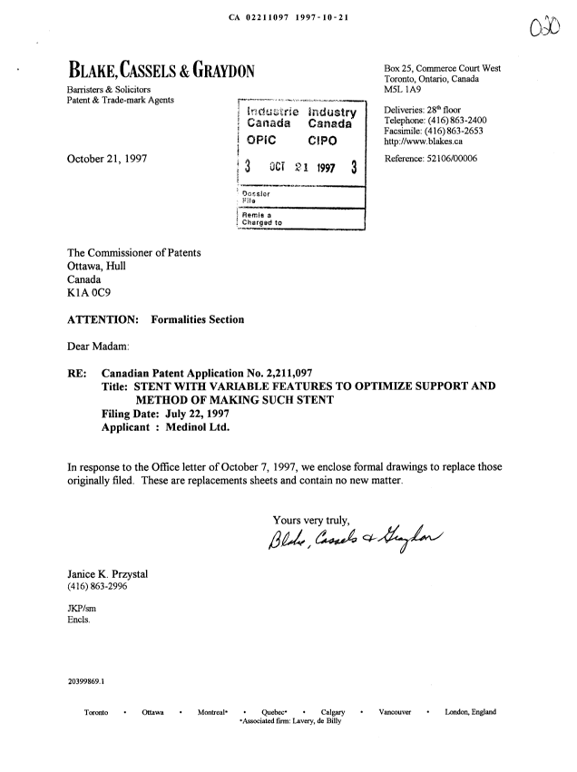 Document de brevet canadien 2211097. Correspondance 19971021. Image 1 de 8