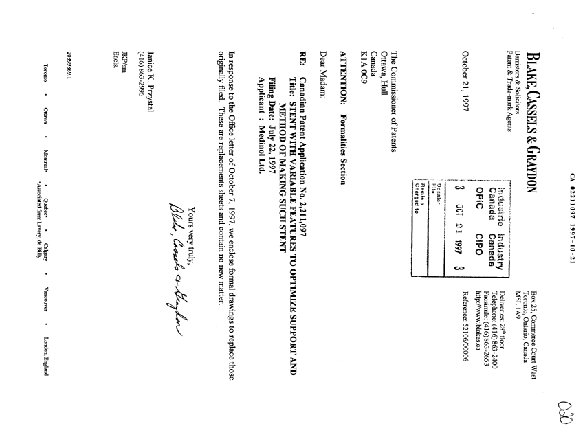 Canadian Patent Document 2211097. Correspondence 19971021. Image 1 of 8