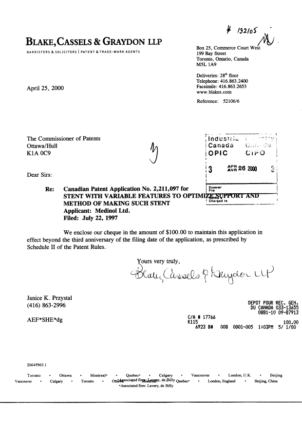 Document de brevet canadien 2211097. Taxes 20000426. Image 1 de 1