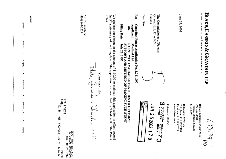 Document de brevet canadien 2211097. Taxes 20020625. Image 1 de 1
