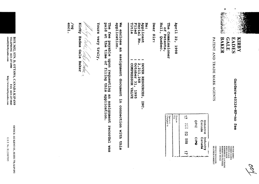 Document de brevet canadien 2211268. Cession 19980422. Image 1 de 3