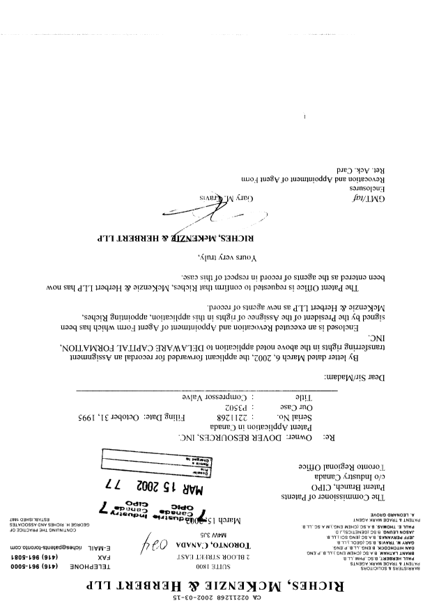 Canadian Patent Document 2211268. Correspondence 20020315. Image 1 of 3