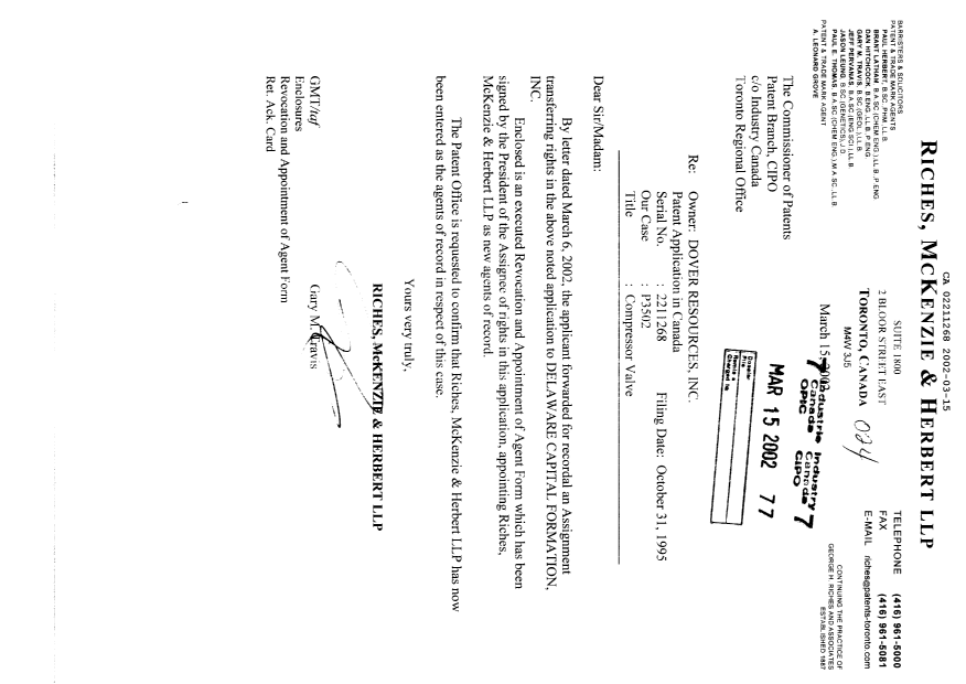 Document de brevet canadien 2211268. Correspondance 20020315. Image 1 de 3