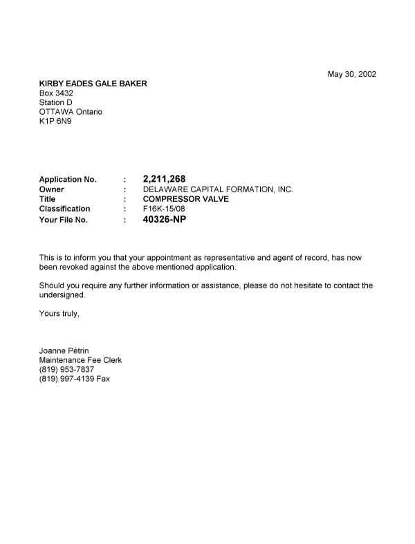 Document de brevet canadien 2211268. Correspondance 20020530. Image 1 de 1