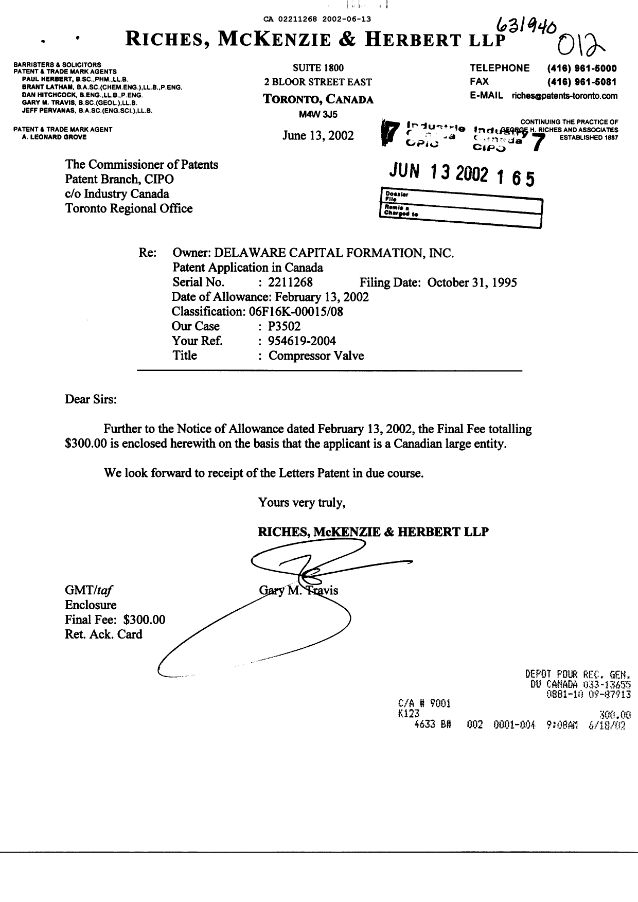 Document de brevet canadien 2211268. Correspondance 20020613. Image 1 de 1