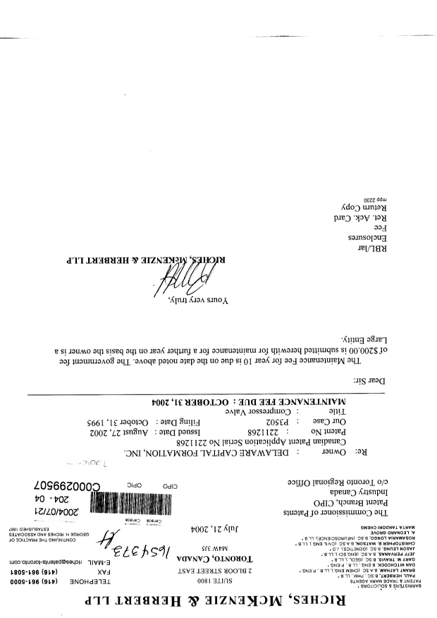 Canadian Patent Document 2211268. Fees 20040721. Image 1 of 1