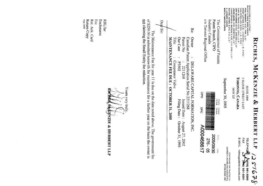 Document de brevet canadien 2211268. Taxes 20050930. Image 1 de 1