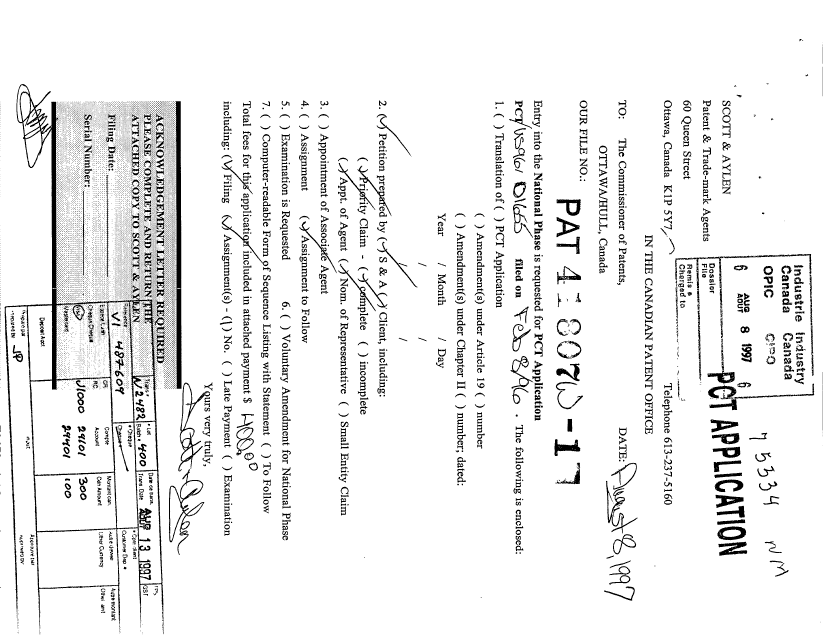 Document de brevet canadien 2211422. Cession 19970808. Image 1 de 3