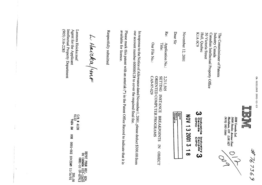 Document de brevet canadien 2211505. Correspondance 20011113. Image 1 de 1