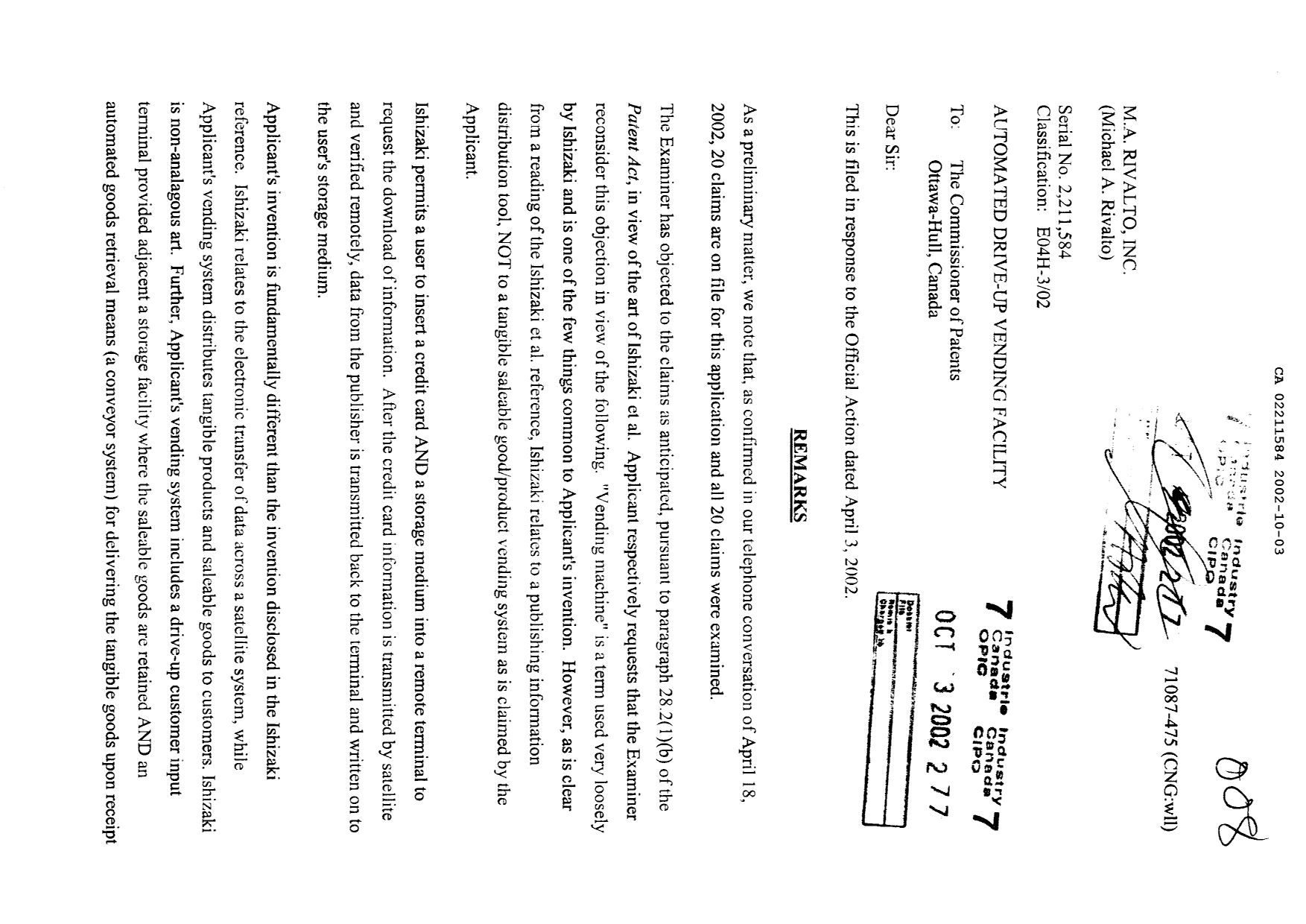 Document de brevet canadien 2211584. Poursuite-Amendment 20021003. Image 1 de 2
