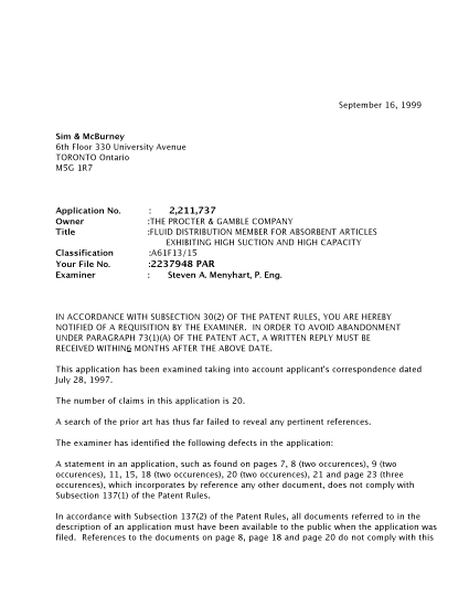 Canadian Patent Document 2211737. Prosecution-Amendment 19990916. Image 1 of 2