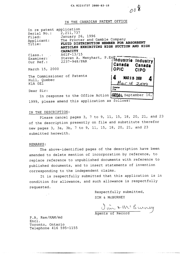 Canadian Patent Document 2211737. Prosecution-Amendment 20000315. Image 1 of 13