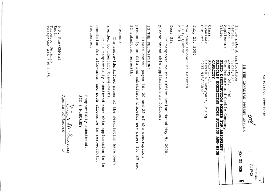 Document de brevet canadien 2211737. Poursuite-Amendment 20000725. Image 1 de 4