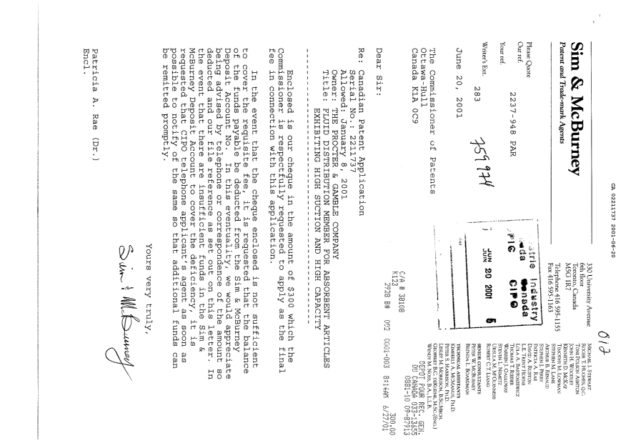 Document de brevet canadien 2211737. Correspondance 20010620. Image 1 de 1