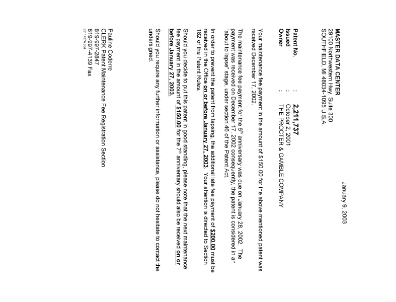 Document de brevet canadien 2211737. Correspondance 20030109. Image 1 de 1