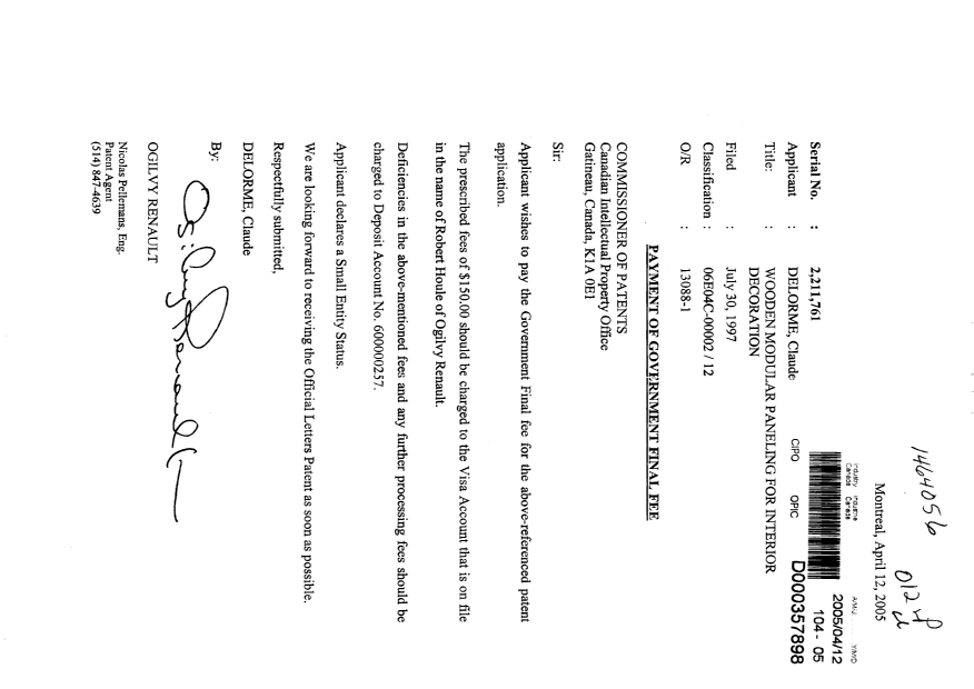 Document de brevet canadien 2211761. Correspondance 20050412. Image 1 de 1