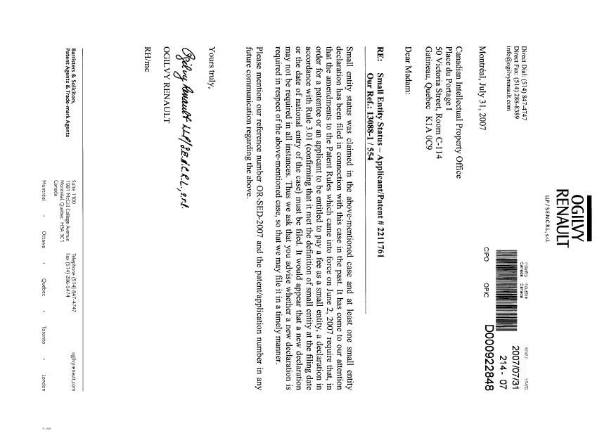Document de brevet canadien 2211761. Correspondance 20070731. Image 1 de 1