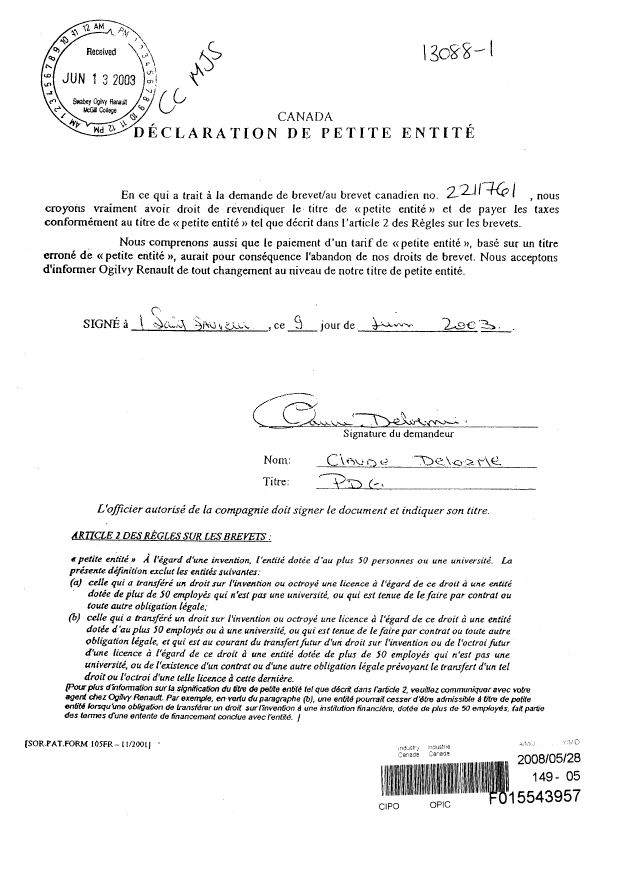 Canadian Patent Document 2211761. Fees 20080528. Image 1 of 1