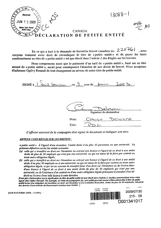 Canadian Patent Document 2211761. Correspondence 20090730. Image 1 of 1