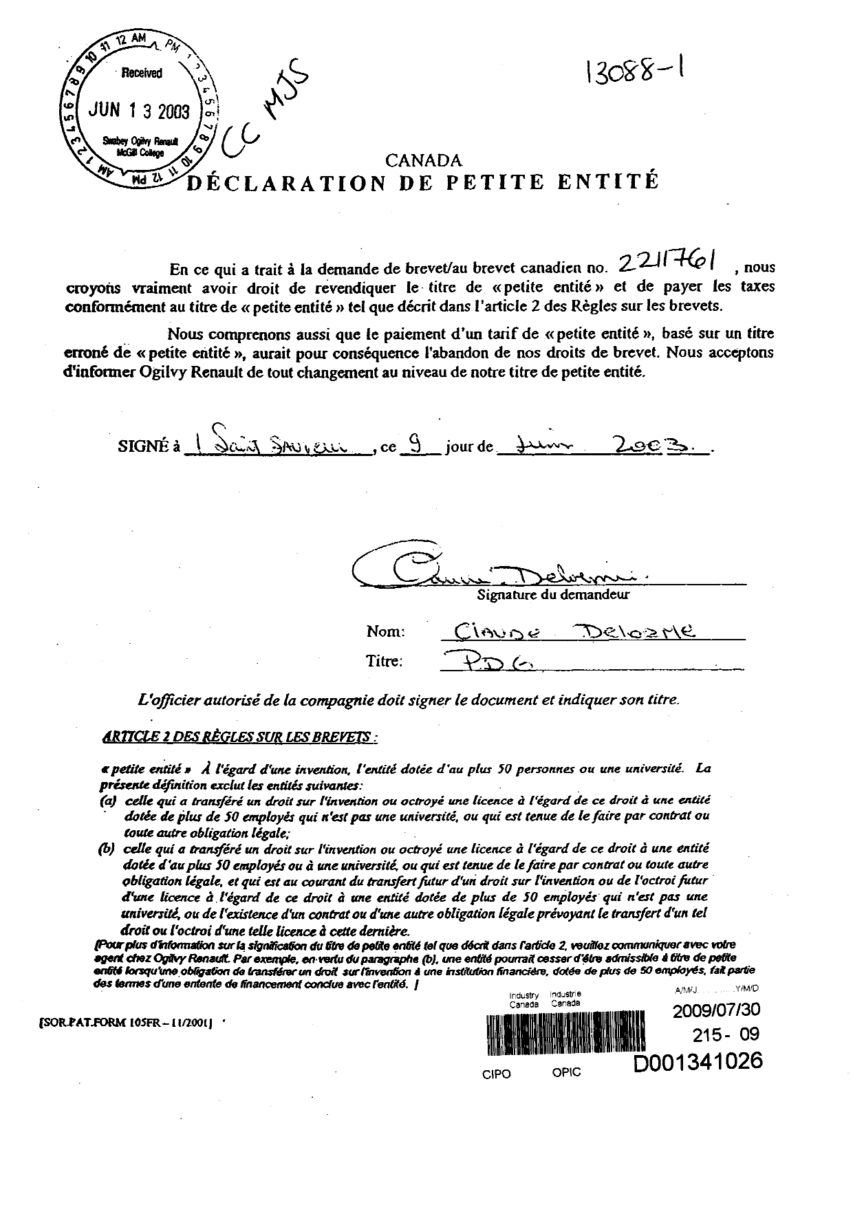 Document de brevet canadien 2211761. Correspondance 20090730. Image 1 de 1