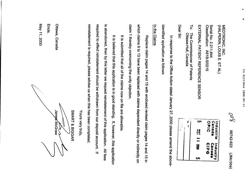 Canadian Patent Document 2211844. Prosecution-Amendment 20000511. Image 1 of 4