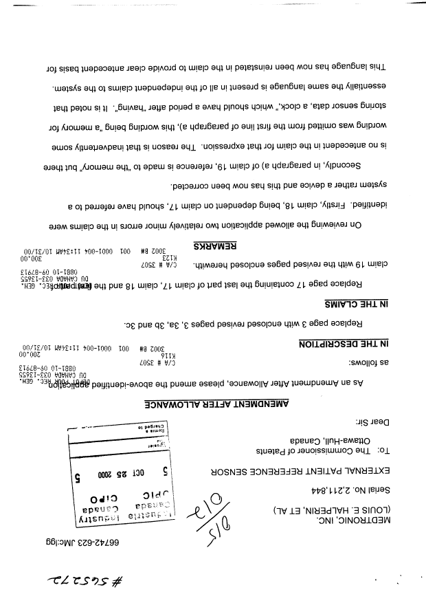 Canadian Patent Document 2211844. Correspondence 20001025. Image 1 of 2