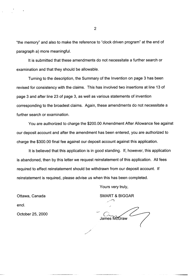 Document de brevet canadien 2211844. Correspondance 20001025. Image 2 de 2
