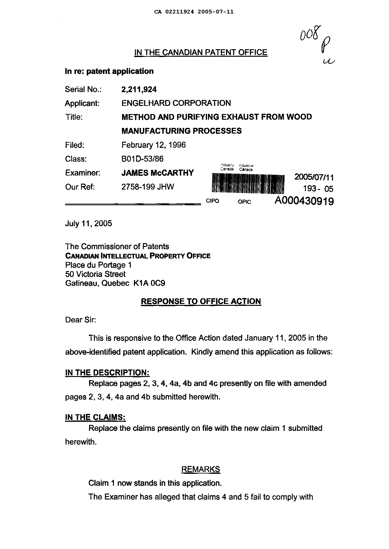 Document de brevet canadien 2211924. Poursuite-Amendment 20050711. Image 1 de 10