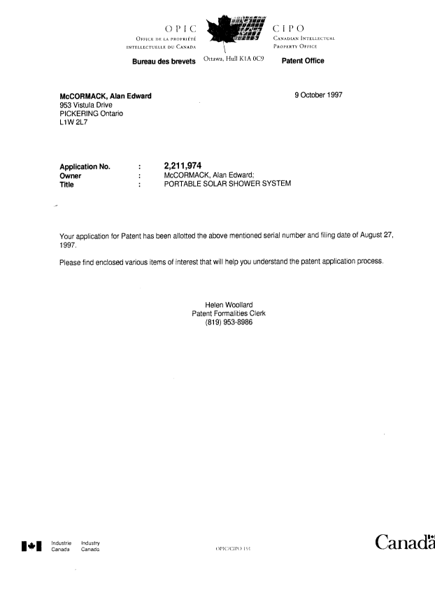 Document de brevet canadien 2211974. Correspondance 19971009. Image 1 de 1