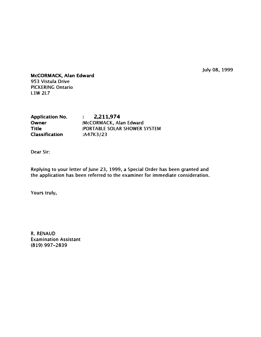 Canadian Patent Document 2211974. Prosecution-Amendment 19990708. Image 1 of 1