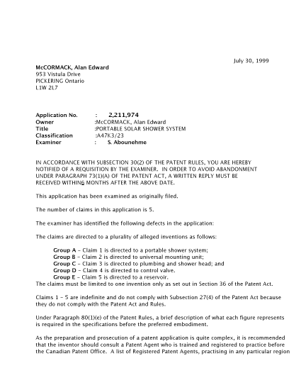Document de brevet canadien 2211974. Poursuite-Amendment 19990730. Image 1 de 2