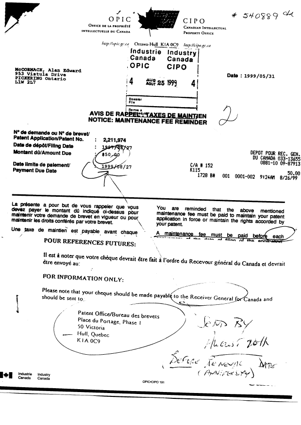 Canadian Patent Document 2211974. Fees 19990825. Image 1 of 1