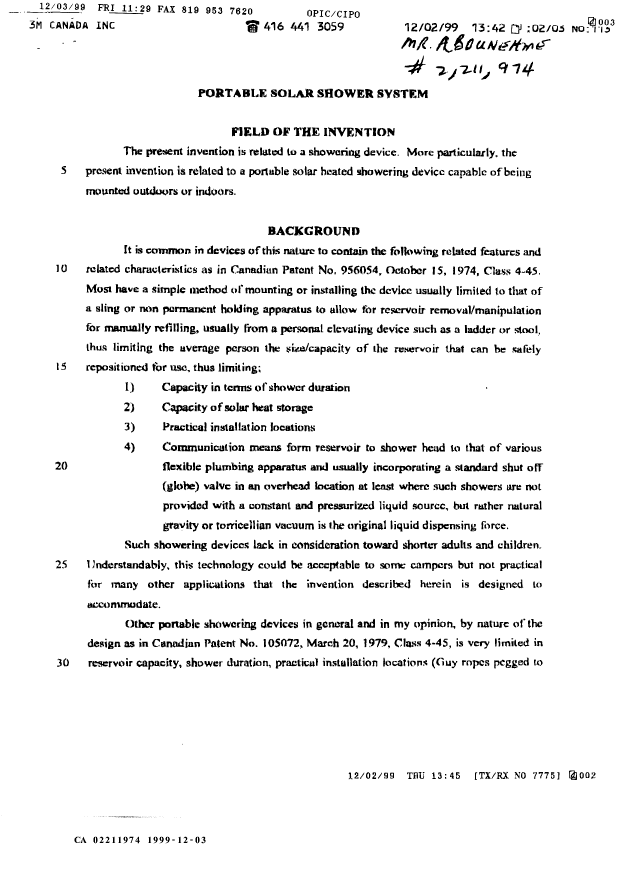 Canadian Patent Document 2211974. Description 19991203. Image 1 of 6