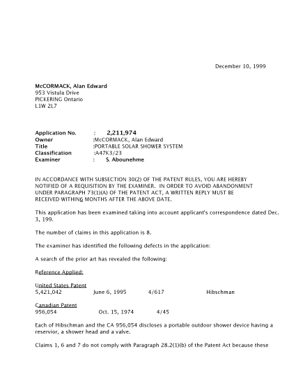 Canadian Patent Document 2211974. Prosecution-Amendment 19991210. Image 1 of 2