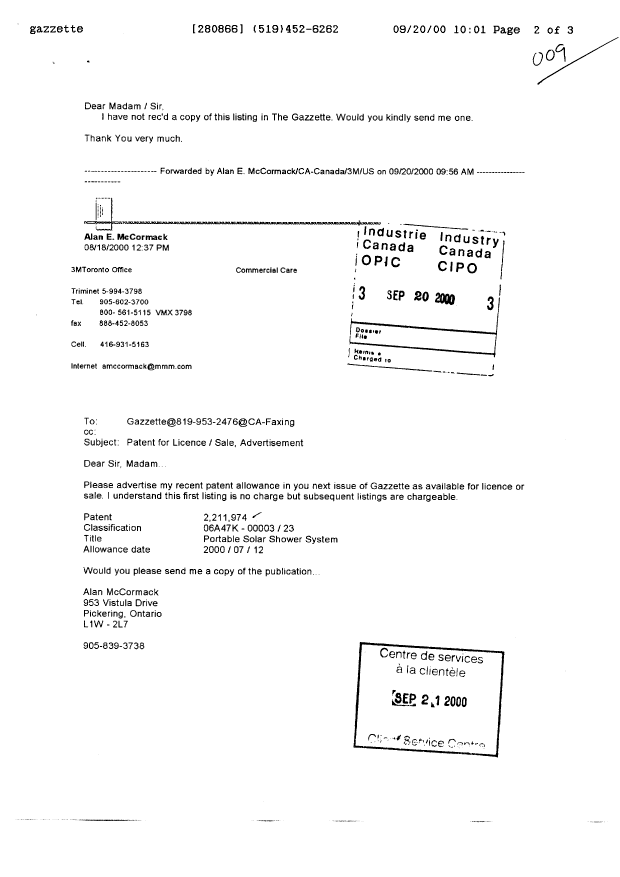 Document de brevet canadien 2211974. Correspondance 20000920. Image 1 de 2
