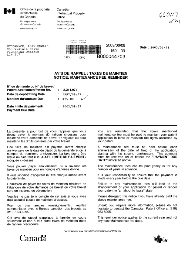 Document de brevet canadien 2211974. Taxes 20030609. Image 1 de 1