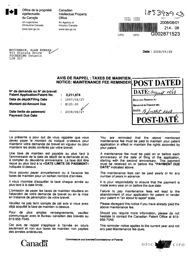 Canadian Patent Document 2211974. Fees 20080801. Image 1 of 1