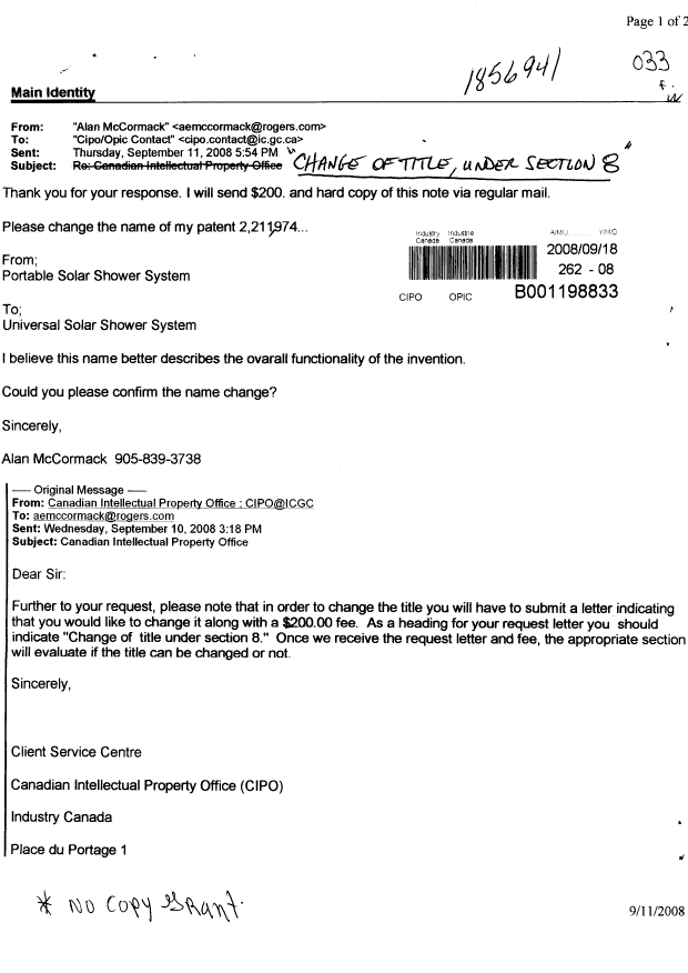 Document de brevet canadien 2211974. Correspondance 20080918. Image 1 de 2