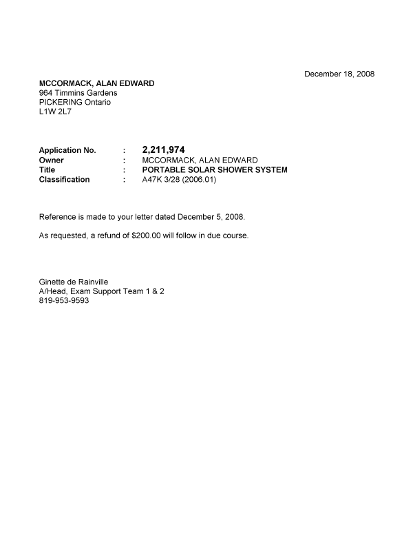 Document de brevet canadien 2211974. Correspondance 20081218. Image 1 de 1