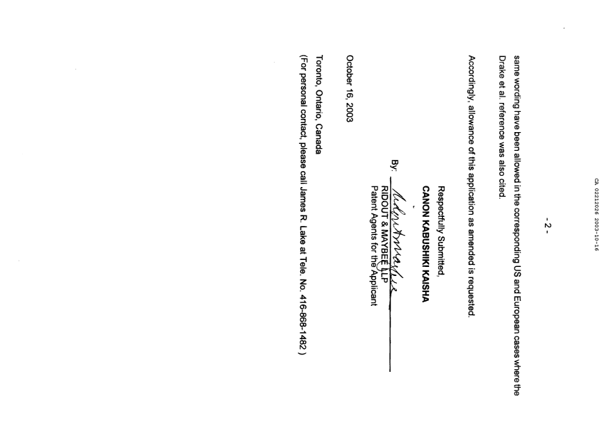 Canadian Patent Document 2212026. Prosecution-Amendment 20031016. Image 2 of 8