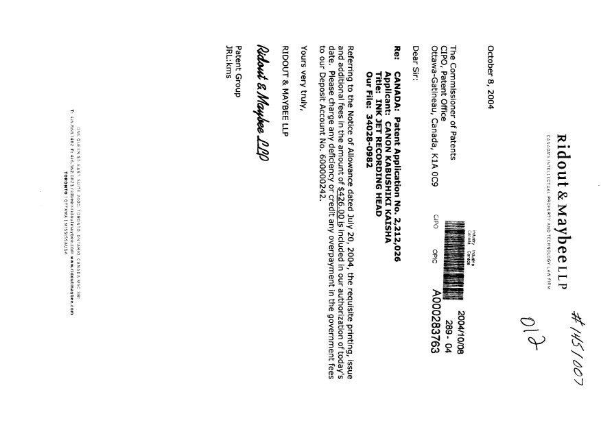 Document de brevet canadien 2212026. Correspondance 20041008. Image 1 de 1