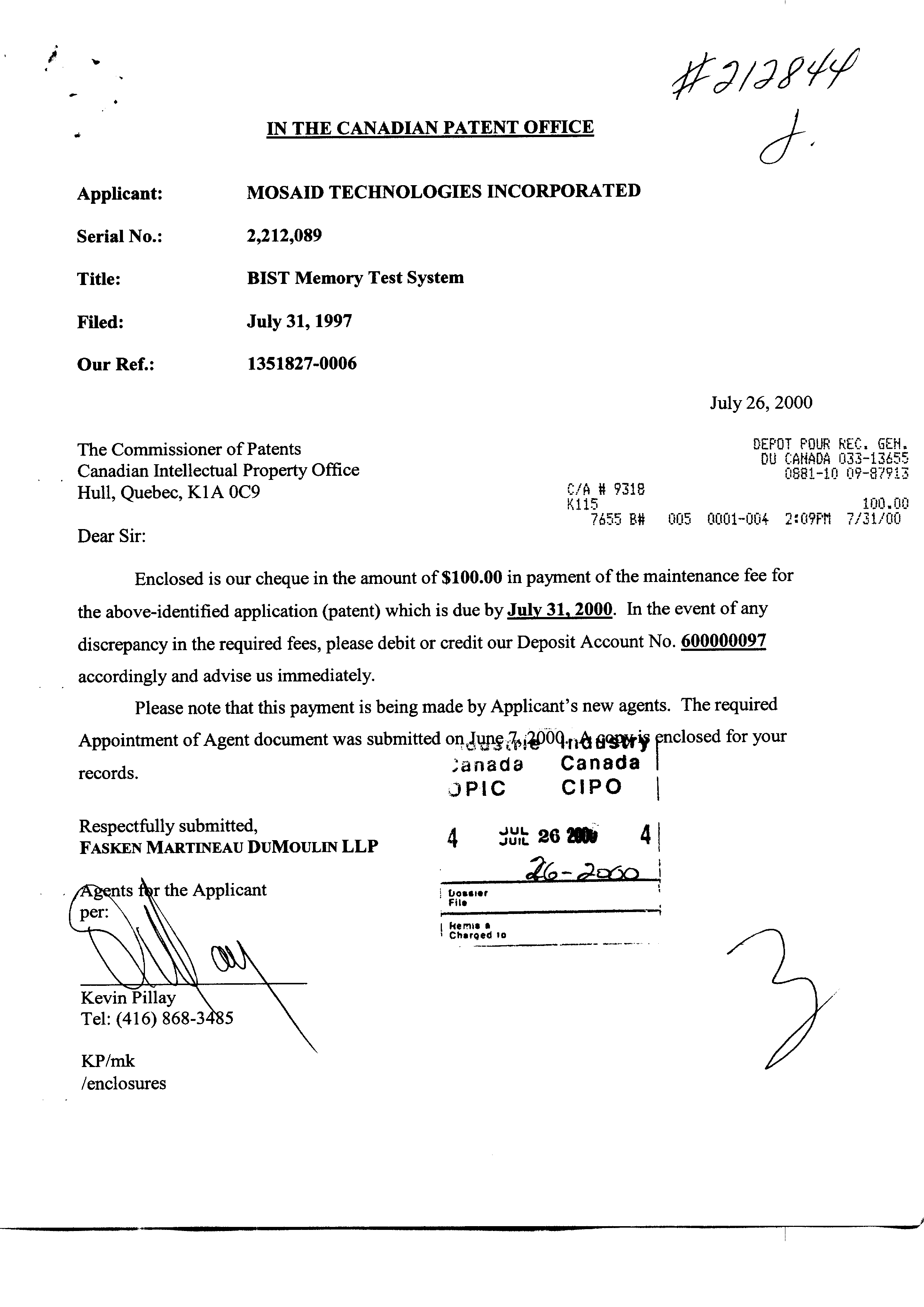 Canadian Patent Document 2212089. Fees 20000726. Image 1 of 1
